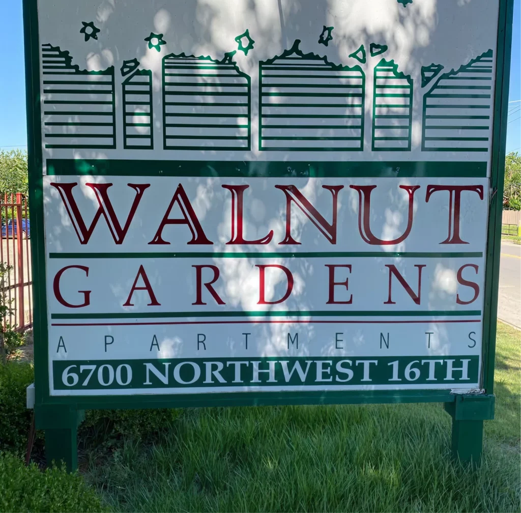 Walnut Gardens Apartments community sign in Oklahoma City