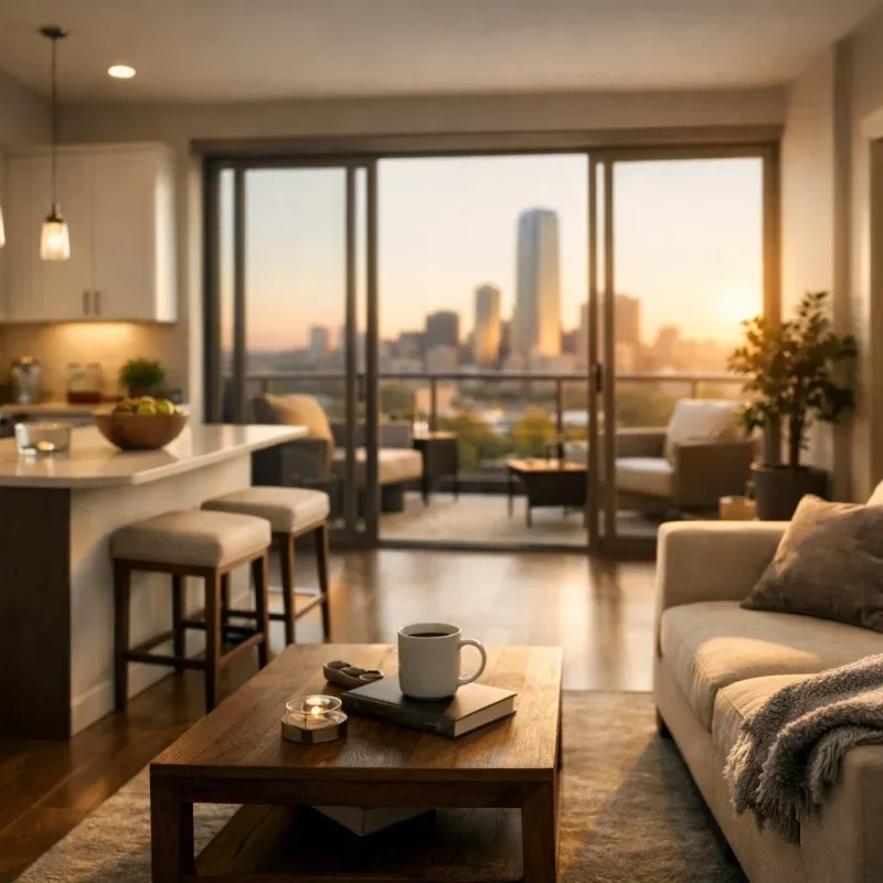 Modern apartment complex in Oklahoma City with parking and amenities