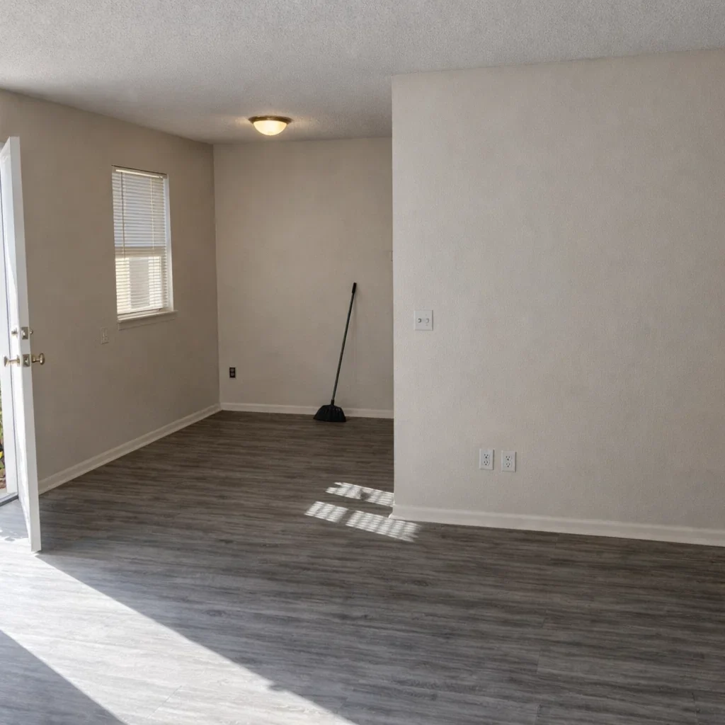 Spacious Living Area at La Villa Elms Sunlit living room with grey plank flooring and neutral walls in apartments in El Reno OK.